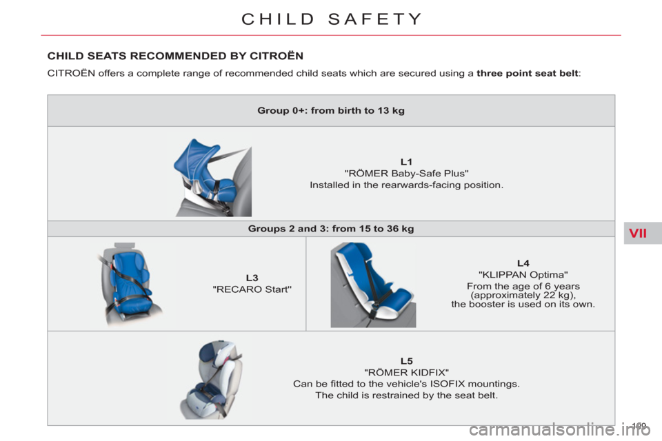 Citroen C5 RHD 2011.5 (RD/TD) / 2.G Owners Manual VII
109 
CHILD SAFETY
  CHILD SEATS RECOMMENDED BY CITROËN 
 
CITROËN offers a complete range of recommended child seats which are secured using a  three point seat belt 
: 
   
 
Group 0+: from bir