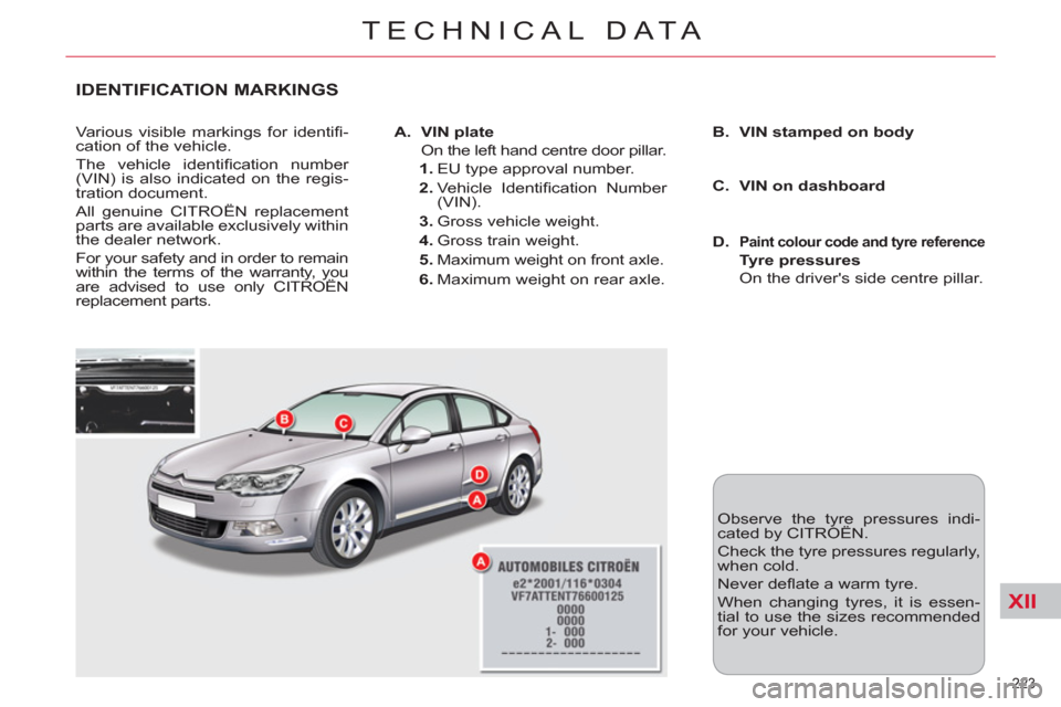 Citroen C5 RHD 2011.5 (RD/TD) / 2.G Owners Manual XII
223 
TECHNICAL DATA
   
 
 
 
 
 
 
 
 
 
 
 
 
 
 
 
 
 
 
 
 
 
 
 
 
 
 
 
 
 
 
 
 
 
 
 
 
 
 
 
 
 
 
 
IDENTIFICATION MARKINGS 
 
Various visible markings for identiﬁ -
cation of the vehi