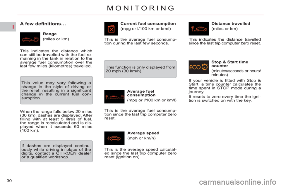 Citroen C5 RHD 2011.5 (RD/TD) / 2.G Owners Manual I
30
MONITORING
   
 
 
 
 
 
A few definitions… 
 
 
Range 
  (miles or km)    
Current fuel consumption 
  (mpg or l/100 km or km/l) 
   
Average fuel 
consumption 
  (mpg or l/100 km or km/l) 
  