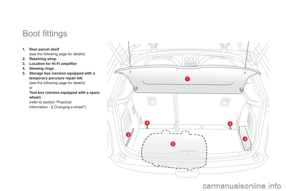 Citroen DS3 2011.5 1.G Owners Manual 1.Rear parcel shelf(see the following page for details) 2.Retaining strap3.Location for Hi- Fi amplifier
4.Stowing rings5.Storage box (version equipped with a 
temporary puncture repair kit)(see the f