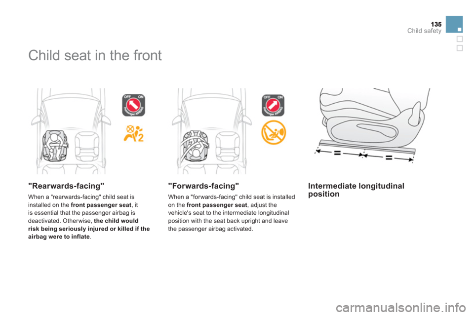 Citroen DS3 2011.5 1.G Owners Manual Child safety
  Child seat in the front  
 
 
"Rearwards-facing"
 
When a "rear wards-facing" child seat is 
installed on the  front passenger seat  , it
is essential that the passenger airbag is 
deac