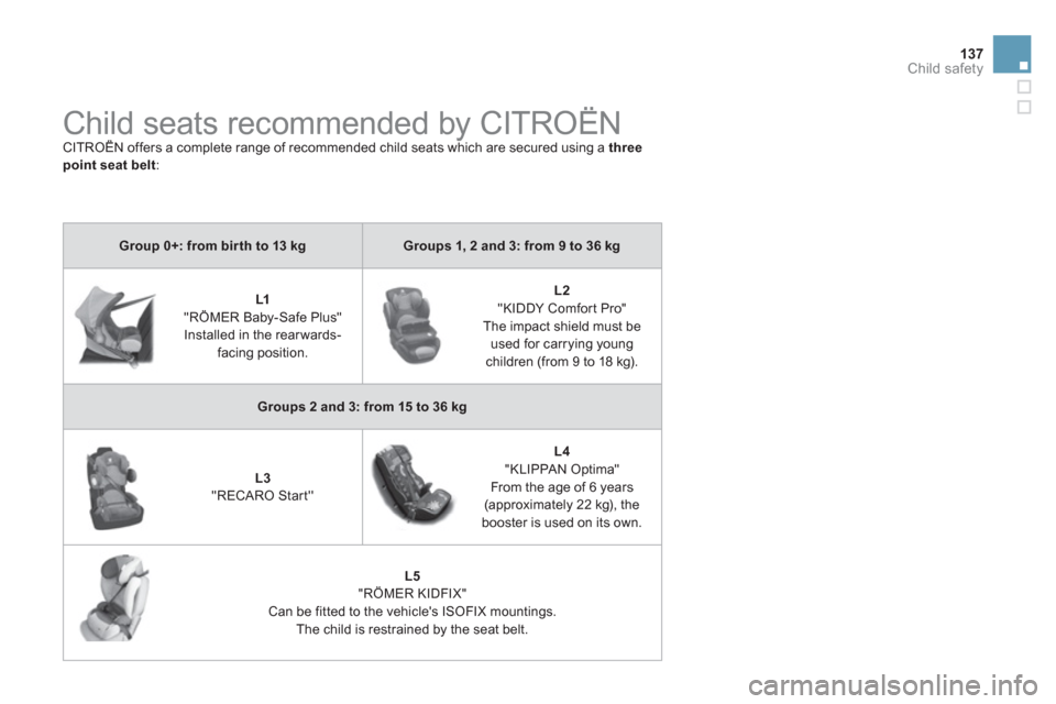Citroen DS3 2011.5 1.G Owners Manual 137
Child safety
   
 
 
 
 
Child seats recommended by CITROËN  
CITROËN offers a complete range of recommended child seats which are secured using a  ythree point seat belt:
Group 0+: from bir th 