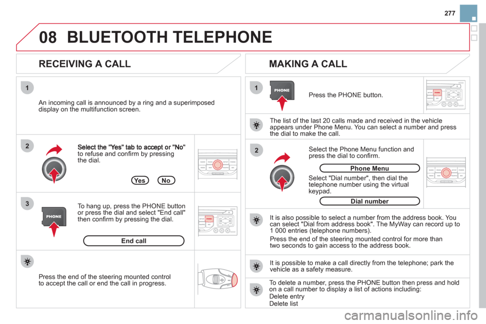 Citroen DS3 2011.5 1.G Owners Manual 277
08
1
3 2
2 1to refuse and conﬁ rm by pressing 
the dial. 
   
RECEIVING A CALL    
MAKING A CALL 
 
 An incoming call is announced by a ring and a superimposed 
display on the multifunction scre