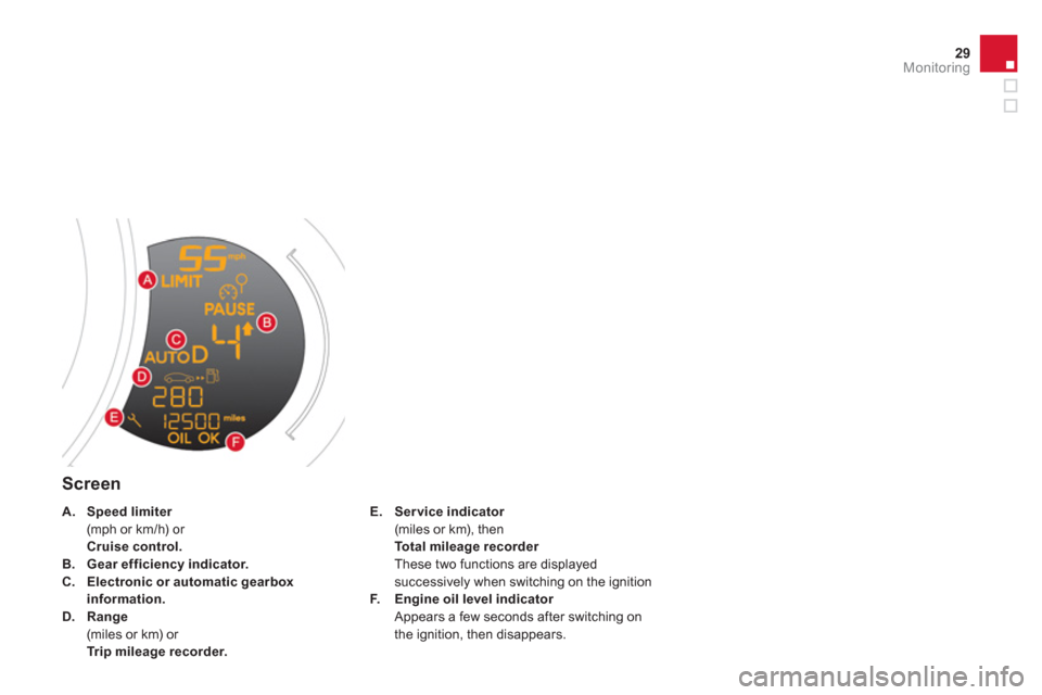 Citroen DS3 2011.5 1.G Owners Guide 29Monitoring
   
Screen 
E.Ser vice indicator(miles or km), then Total mileage recorderThese two functions are displayedsuccessively when switching on the ignitionF.Engine oil level indicatorrAppears 