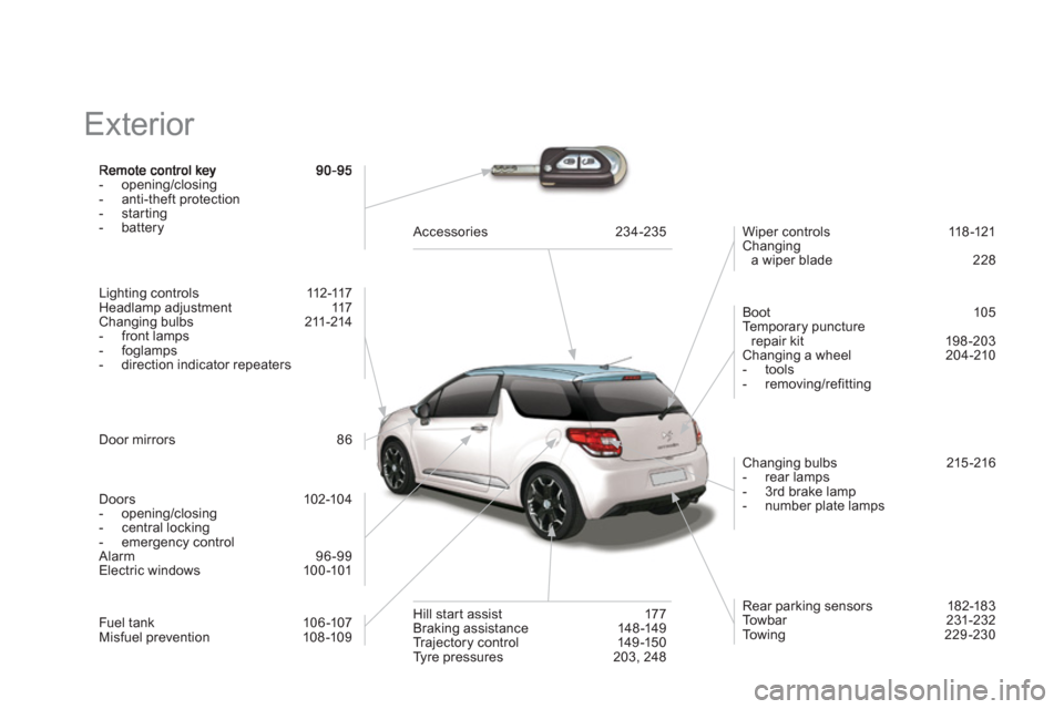Citroen DS3 2011.5 1.G Owners Manual   Exterior  
-  opening/closing 
-  anti-theft protection 
-  startin
g 
-  battery
Lighting controls   112-117 
Headlamp adjustment  117 
Changing bulbs   211-214 
-  front lamps 
-  foglamps
-  dire