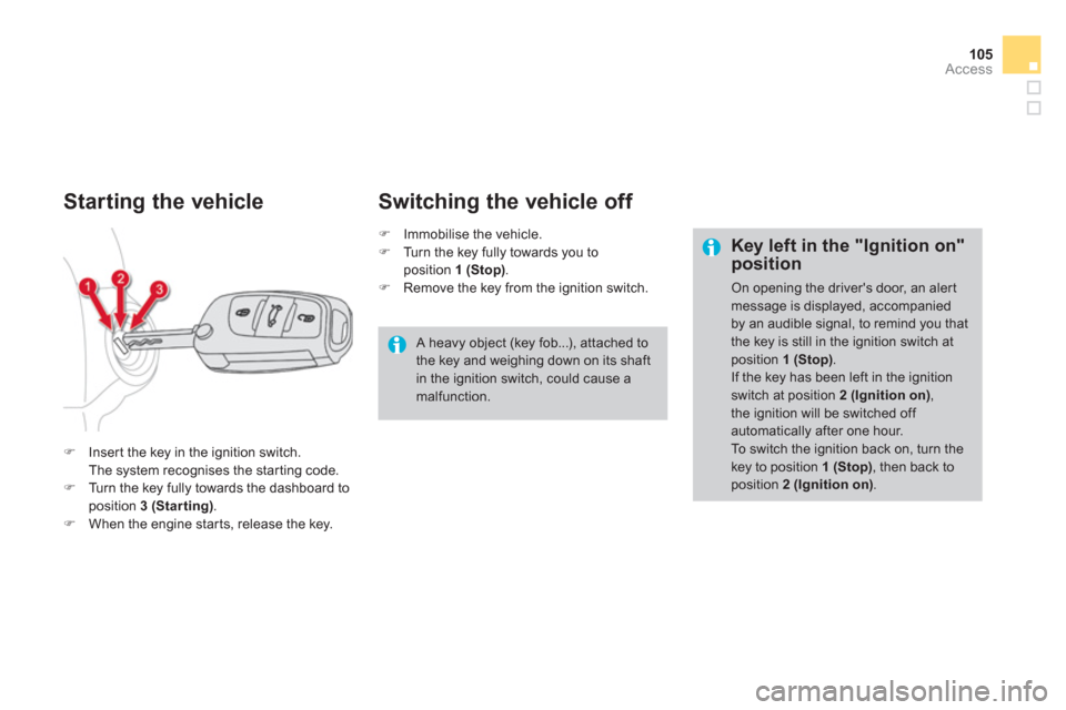 Citroen DS4 RHD 2011.5 1.G Owners Manual 105
Access
Starting the vehicle 
�)Inser t the key in the ignition switch.  
 The system recognises the star ting code. �)Turn the key fully towards the dashboard toposition  3 (Starting).�)When the e
