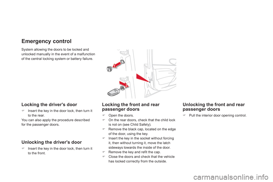 Citroen DS4 RHD 2011.5 1.G Owners Manual System allowing the doors to be locked and
unlocked manually in the event of a malfunction
of the central locking system or battery failure. 
Emergency control
Locking the drivers door 
�)Inser t the