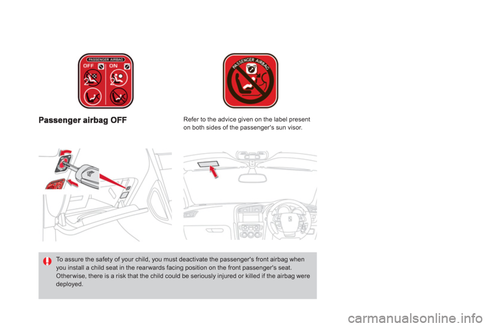 Citroen DS4 RHD 2011.5 1.G Owners Manual    
To assure the safety of your child, you must deactivate the passengers front airbag whenyou install a child seat in the rear wards facing position on the front passengers seat.  Other wise, ther