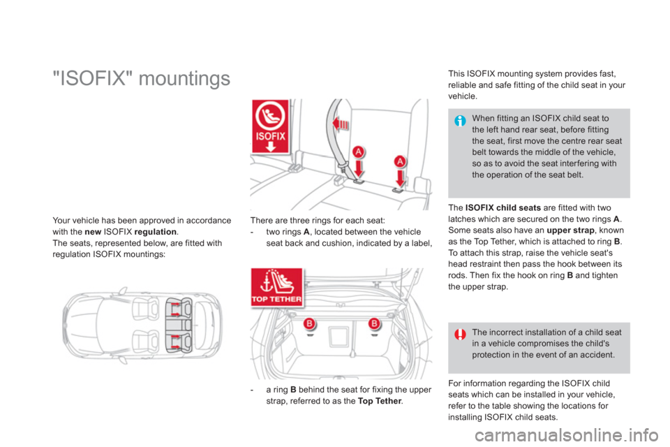 Citroen DS4 RHD 2011.5 1.G Owners Manual Your vehicle has been approved in accordance
with the  new 
 ISOFIX  regulation.The seats, represented below, are fitted withregulation ISOFIX mountings:
 
 
 
 
 
 
 
 
 
 
 
 
 
 
 
 
 
 
 
 
 
"ISO