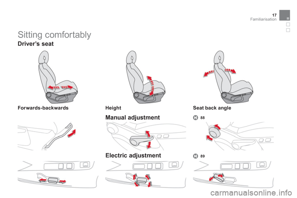 Citroen DS4 RHD 2011.5 1.G User Guide 17Familiarisation
  Sitting comfortably 
Manual adjustment88
 
 Driver’s seat
 
 
Forwards-backwards  Height
Electric adjustment 
 
 
Seat back angle
89 