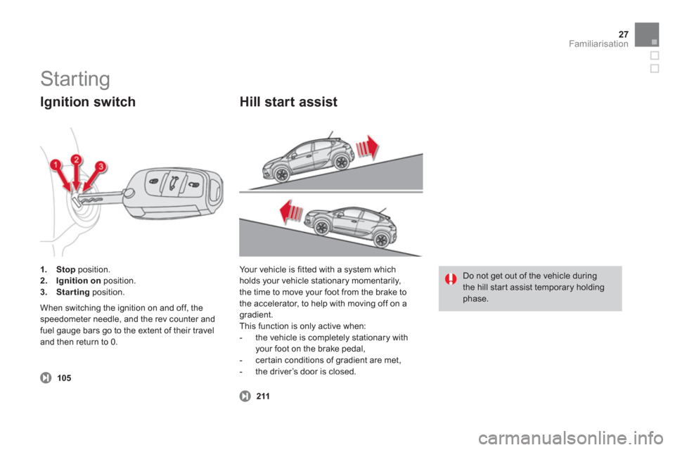 Citroen DS4 RHD 2011.5 1.G Owners Guide 27Familiarisation
105
1.Stopposition. 2.Ignition on 
 position. 3.Startingposition.
 
 
Ignition switch
 
When switching the ignition on and off, thespeedometer needle, and the rev counter and fuel ga