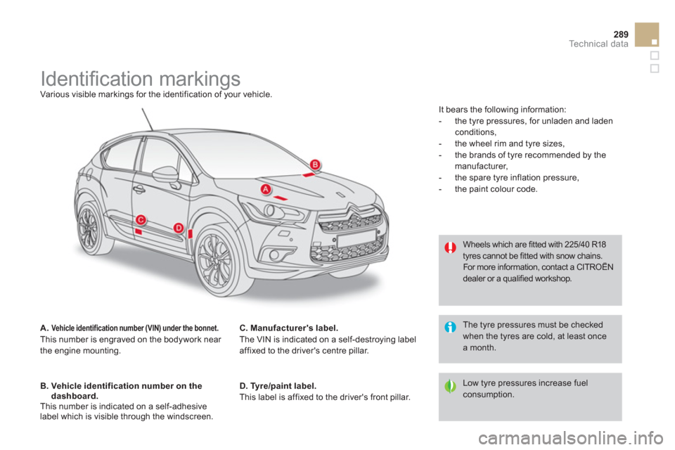 Citroen DS4 RHD 2011.5 1.G Owners Manual 289Technical data
   
 
 
 
 
 
 
 
 
 
 
 
 
 
 
 
 
Identiﬁ cation markings  
Various visible markings for the identification of your vehicle.
A. 
Vehicle identification number (VIN) under the bon