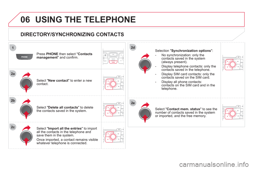 Citroen DS4 RHD 2011.5 1.G Owners Manual 06
1
2a
2b
2c
2d
2e
USING THE TELEPHONE
   
DIRECTORY/SYNCHRONIZING CONTACTS 
 
 Press PHONE 
 then select " 
Contacts 
management  " and conﬁ rm.  
   
Select "New contact 
" to enter a new contact