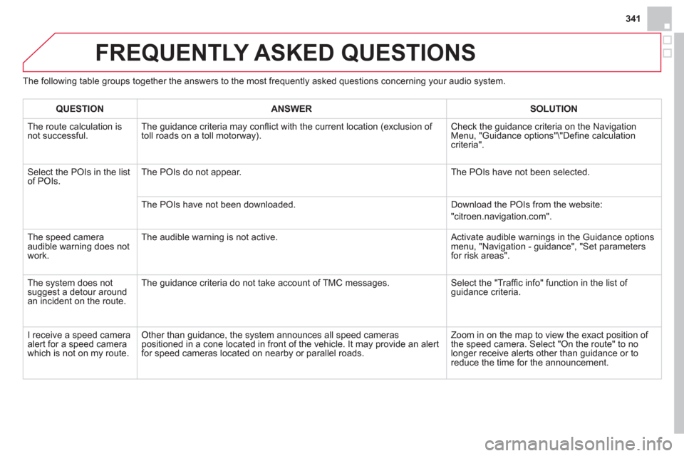 Citroen DS4 RHD 2011.5 1.G Owners Guide 341
FREQUENTLY ASKED QUESTIONS
The following table groups together the answers to the most frequently asked questions concerning your audio system.
QUESTIONANSWER SOLUTION
The route calculation is Citroen DS4 RHD 2011.5 1.G Owners Guide 341
FREQUENTLY ASKED QUESTIONS
The following table groups together the answers to the most frequently asked questions concerning your audio system.
QUESTIONANSWER SOLUTION
The route calculation is