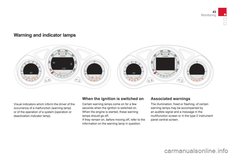 Citroen DS4 RHD 2011.5 1.G Service Manual 43Monitoring
  Visual indicators which inform the driver of theoccurrence of a malfunction (warning lamp)or of the operation of a system (operation or 
deactivation indicator lamp). 
Warning and indic
