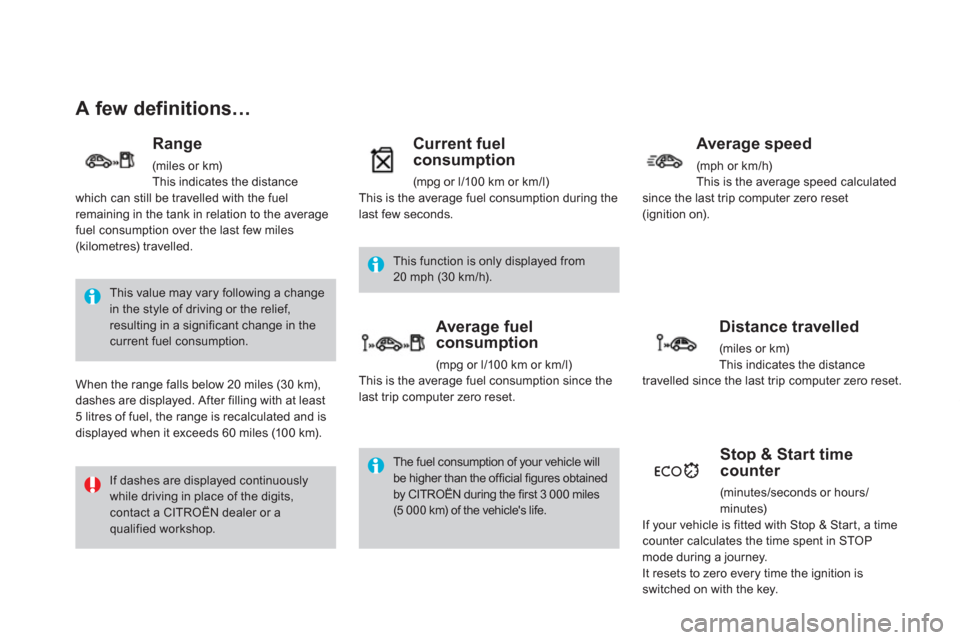 Citroen DS4 RHD 2011.5 1.G Owners Manual A few definitions… 
  This value may vary following a changein the style of driving or the relief,resulting in a significant change in thecurrent fuel consumption. 
 
If dashes are displayed continu