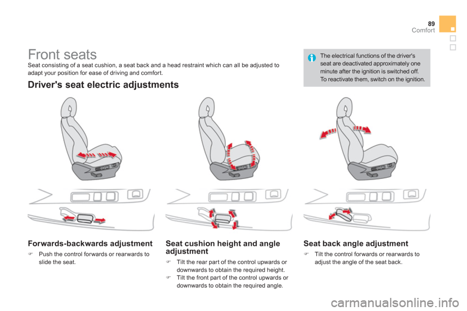 Citroen DS4 RHD 2011.5 1.G Owners Manual 89Comfort
   
 
 
 
 
 
 
 
 
 
 
Front seats  Seat consisting of a seat cushion, a seat back and a head restraint which can all be adjusted to 
adapt your position for ease of driving and comfort.  

