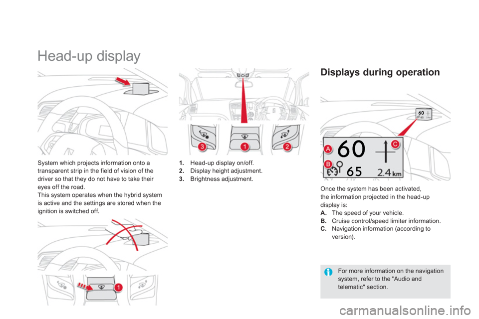 Citroen DS5 HYBRID4 RHD 2011.5 1.G Owners Manual    
 
 
 
 
Head-up display 
System which projects information onto a 
transparent strip in the field of vision of the 
driver so that the
y do not have to take their eyes off the road. This system op
