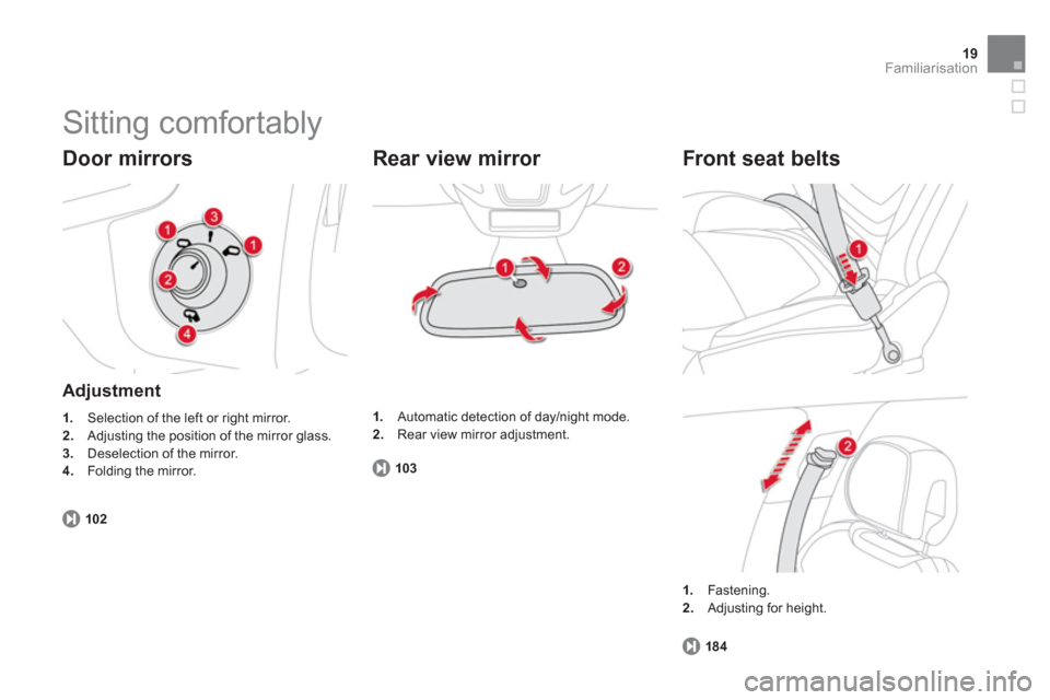 Citroen DS5 HYBRID4 RHD 2011.5 1.G Owners Guide 19Familiarisation
  Sitting comfortably 
 
 
Door mirrors
 
 Adjustment
1. 
  Selection of the left or right mirror.2.Adjusting the position of the mirror glass. 3.Deselection of the mirror. 
4. 
 Fol