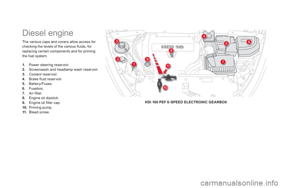 Citroen DS5 HYBRID4 RHD 2011.5 1.G Owners Manual The various caps and covers allow access for 
checking the levels of the various fluids, for replacing cer tain components and for primingthe fuel system.
   
 
 
 
 
 
 
 
 
 
 
 
 
 
Diesel engine 
