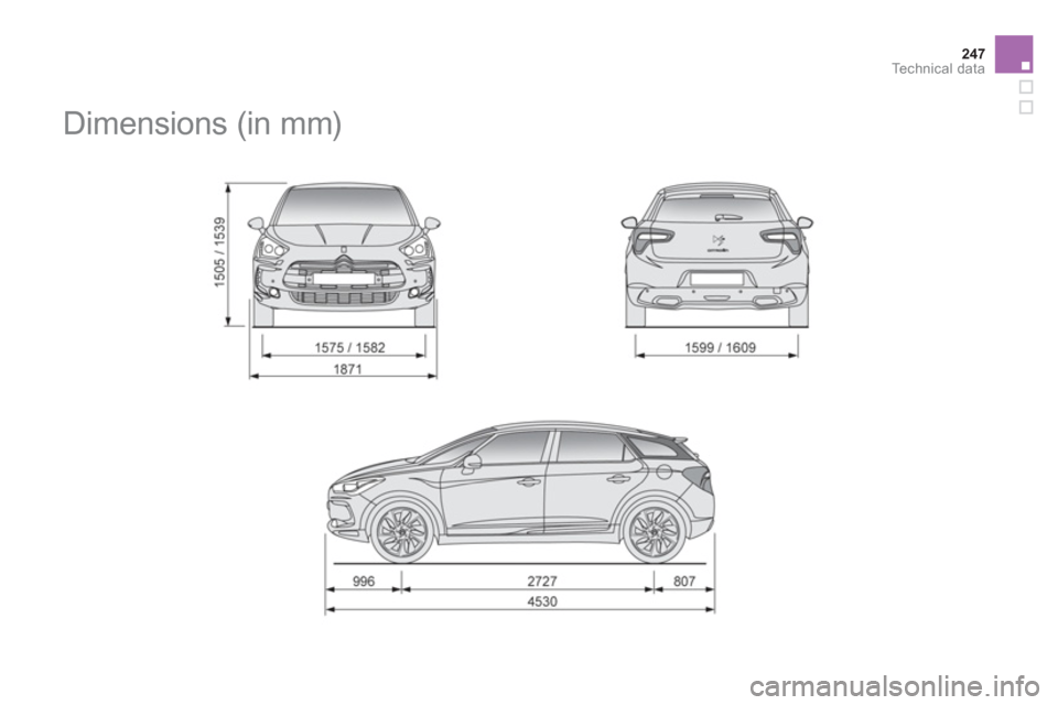 Citroen DS5 HYBRID4 RHD 2011.5 1.G Owners Manual 247Technical data
   
 
 
 
 
Dimensions (in mm)  