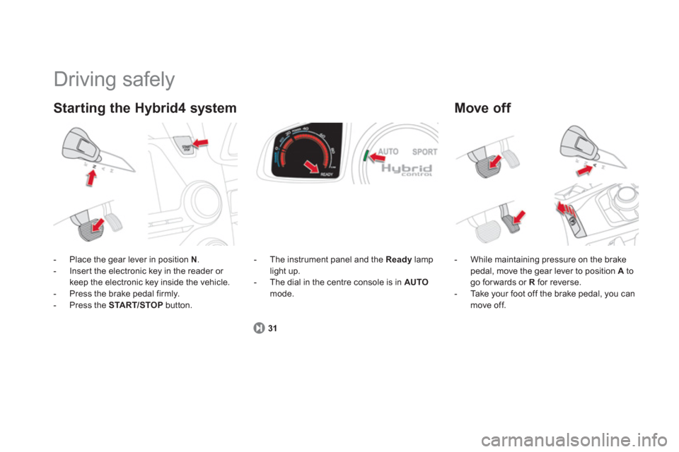 Citroen DS5 HYBRID4 RHD 2011.5 1.G Owners Manual Starting the Hybrid4 system 
  Driving safely 
-  Place the gear lever in position  N . 
-   Inser t the electronic key in the reader or keep the electronic key inside the vehicle.
-   Press the brake