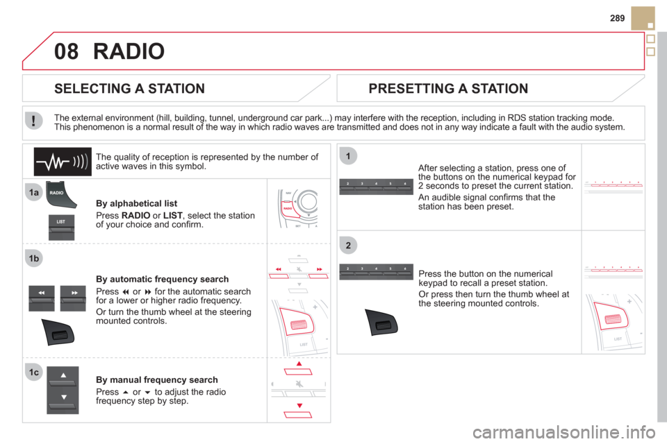 Citroen DS5 HYBRID4 RHD 2011.5 1.G Owners Manual 08
1a
1b
1c
1
2
289
RADIO
By alphabetical list 
Pr
ess  RADIOor LIST  , select the station
of your choice and conﬁ rm.  
B
y automatic frequency search 
Press  �or  �for the automatic searchfor a 