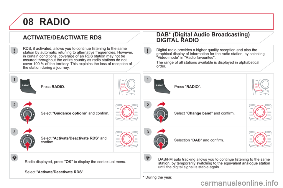 Citroen DS5 HYBRID4 RHD 2011.5 1.G Owners Manual 1
2
3
08
1
2
3
   
Press RADIO.
 
 
 
 
 
 
 
ACTIVATE/DEACTIVATE RDS 
 
 
RDS, if activated, allows you to continue listening to the same station by automatic retuning to alternative frequencies. How