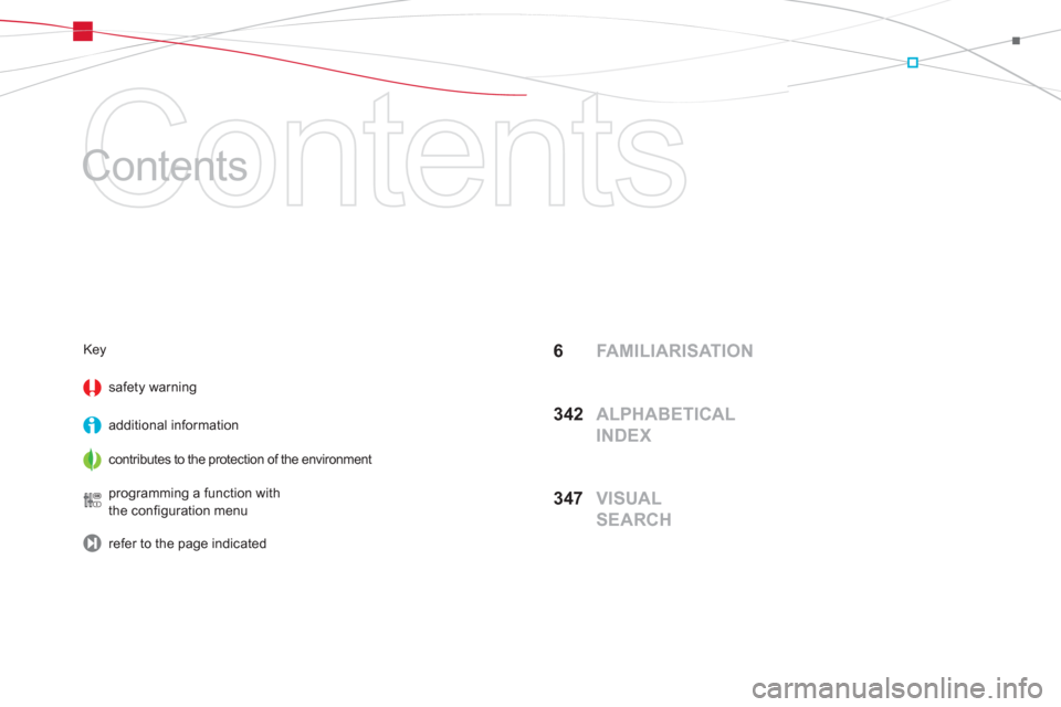 Citroen DS5 HYBRID4 RHD 2011.5 1.G Owners Manual Contents
Contents
6 FA M I L I A R I SAT I O N
34
2 ALPHABETICAL
INDEX
347 VISUAL
SEARCH
Key
sa
fety warning
additional information
contributes to the protection of the environment
pro Citroen DS5 HYBRID4 RHD 2011.5 1.G Owners Manual Contents
Contents
6 FA M I L I A R I SAT I O N
34
2 ALPHABETICAL
INDEX
347 VISUAL
SEARCH
Key
sa
fety warning
additional information
contributes to the protection of the environment
pro