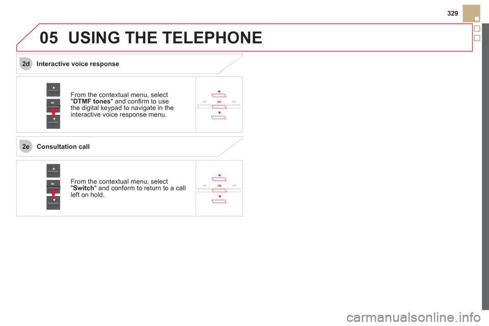 Citroen DS5 HYBRID4 RHD 2011.5 1.G Owners Guide  
2e
2d
05
329
USING THE TELEPHONE
From the contextual menu, select "DTMF tones  " and conﬁ rm to usethe digital keypad to navigate in the
interactive voice response menu. 
From the contextual menu,