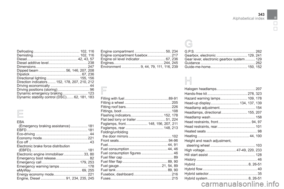 Citroen DS5 HYBRID4 RHD 2011.5 1.G Owners Manual 343Alphabetical index
Defrosting..............................................102, 116Demisting...............................................102, 116Diesel............................................