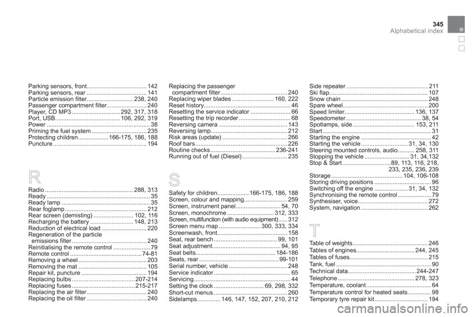 Citroen DS5 HYBRID4 RHD 2011.5 1.G Owners Manual 345
Alphabetical index
Parking sensors, front....................................142Parking sensors, rear....................................r141Particle emission ﬁ lter............................2