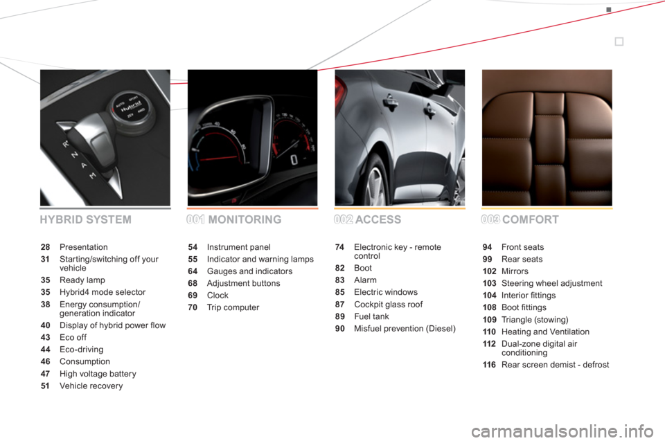 Citroen DS5 HYBRID4 RHD 2011.5 1.G Owners Manual 54Instrument panel
55Indicator and warning lamps
64 Gauges and indicators
68Adjustment buttons
69 Clock
70 Tr i p c o m p u ter
74 Electronic key - remote control
82Boot
83Alarm
85Electric windows
87 Citroen DS5 HYBRID4 RHD 2011.5 1.G Owners Manual 54Instrument panel
55Indicator and warning lamps
64 Gauges and indicators
68Adjustment buttons
69 Clock
70 Tr i p c o m p u ter
74 Electronic key - remote control
82Boot
83Alarm
85Electric windows
87