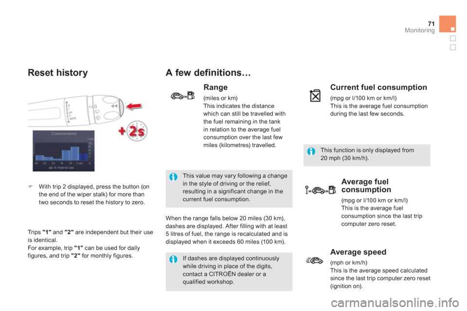 Citroen DS5 HYBRID4 RHD 2011.5 1.G Owners Manual 71Monitoring
If dashes are displayed continuously 
while driving in place of the digits,contact a CITROËN dealer or a qualified workshop.
This value may vary following a change in the style of drivin