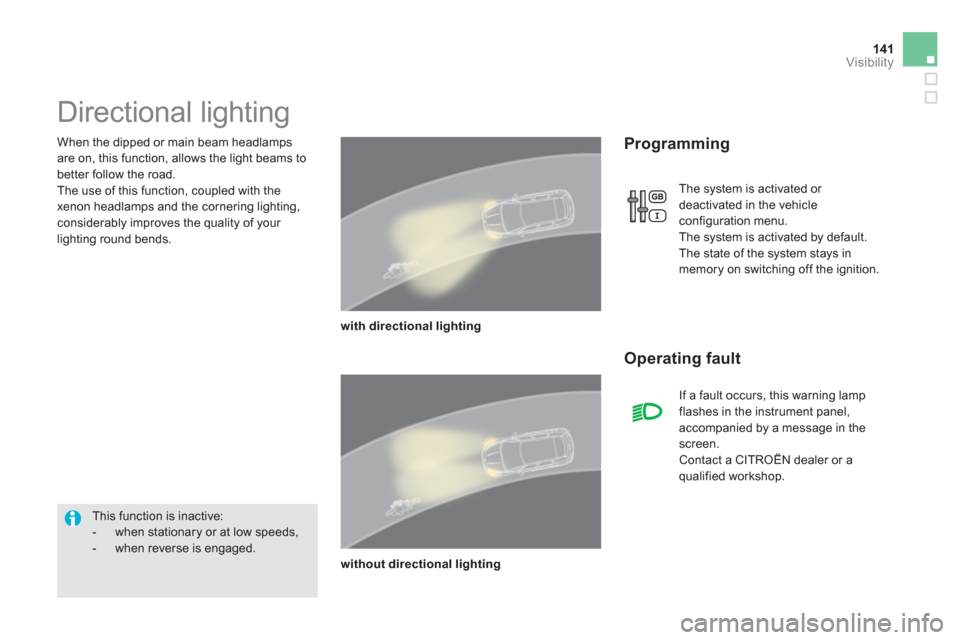 Citroen DS5 RHD 2011.5 1.G User Guide 141Visibility
   When the dipped or main beam headlamps 
are on, this 
function, allows the light beams to better follow the road. 
  The use of this function, coupled with the 
xenon headlamps and th