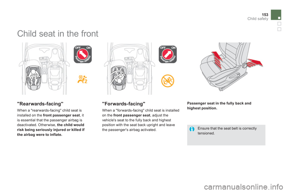 Citroen DS5 RHD 2011.5 1.G Owners Manual 153Child safety
  Child seat in the front  
 
 
"Rearwards-facing"
 
When a "rear wards-facing" child seat is 
installed on the  front passenger seat  , it
is essential that the passenger airbag is 
d