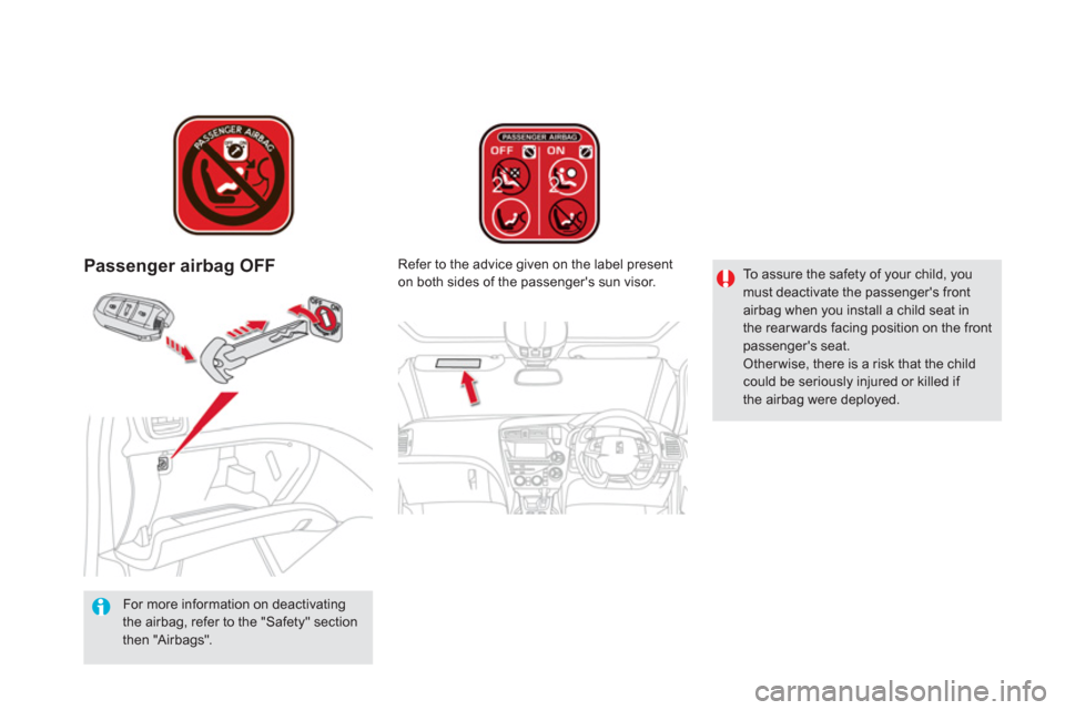 Citroen DS5 RHD 2011.5 1.G Owners Manual Passenger airbag OFF
   
For more information on deactivatingthe airbag, refer to the "Safety" section then "Airbags".   
Re
fer to the advice given on the label present 
on both sides of the passenge