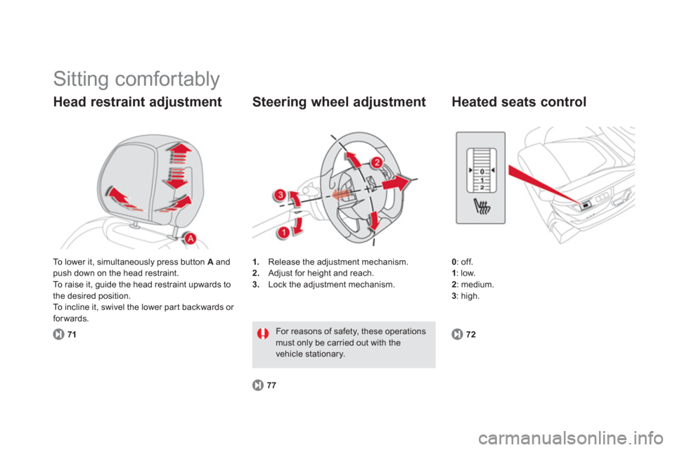 Citroen DS5 RHD 2011.5 1.G User Guide   Sitting comfortably 
Head restraint adjustment
71
1.Release the adjustment mechanism.
2.   Adjust for height and reach. 3. 
  Lock the adjustment mechanism.
 
 
Steering wheel adjustment 
77
For rea