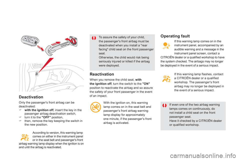 Citroen DS5 RHD 2011.5 1.G Owners Manual Deactivation
Only the passengers front airbag can be deactivated:�)with the ignition off, inser t the key in thefpassenger airbag deactivation switch, �)turn it to the "OFF"position,�)then, remove th