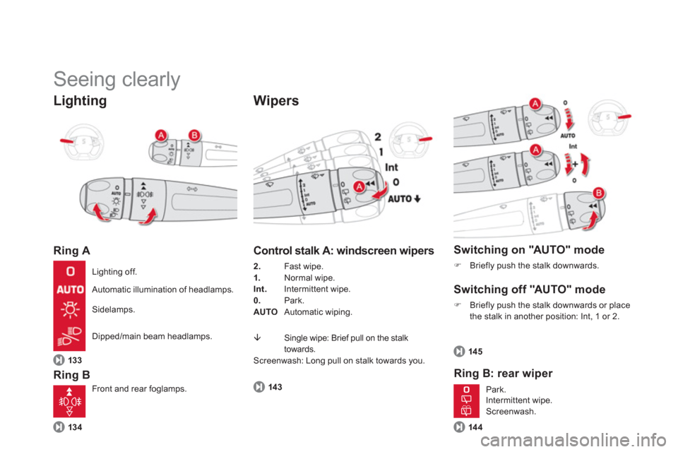 Citroen DS5 RHD 2011.5 1.G Owners Manual   Seeing clearly 
Lighting
Ring A 
Rin
g B 
   
Wipers
13 4
 
 
Control stalk A: windscreen wipers
2.   Fast wipe. 
1.   Normal wipe.
Int.   Intermittent wipe.
0
.     Park. 
AUTO Automatic wiping. 
�