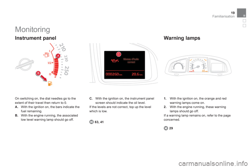 Citroen DS5 RHD 2011.5 1.G Owners Manual 19Familiarisation
  Monitoring 
 On switching on, the dial needles go to the extent of their travel then return to 0.
A.With the ignition on, the bars indicate the
fuel remaining.
B.With the engine ru