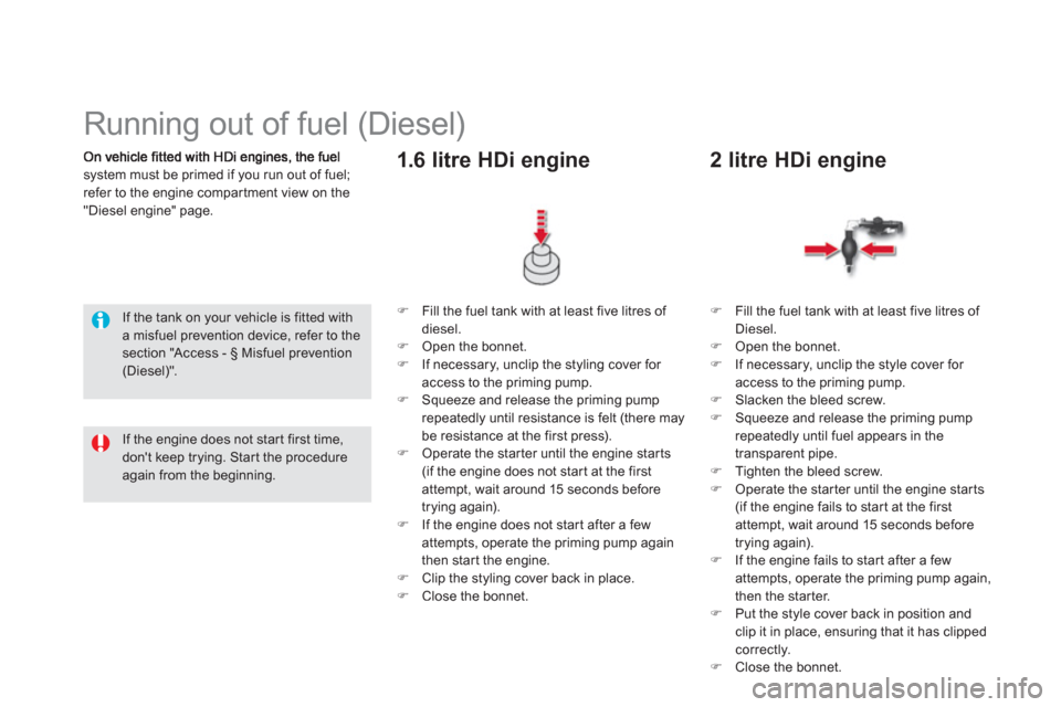 Citroen DS5 RHD 2011.5 1.G Owners Manual system must be primed if you run out of fuel; refer to the engine compar tment view on the 
"Diesel engine" page. 
   
 
 
 
 
 
 
 
 
 
Running out of fuel (Diesel)  
 
If the tank on your vehicle is