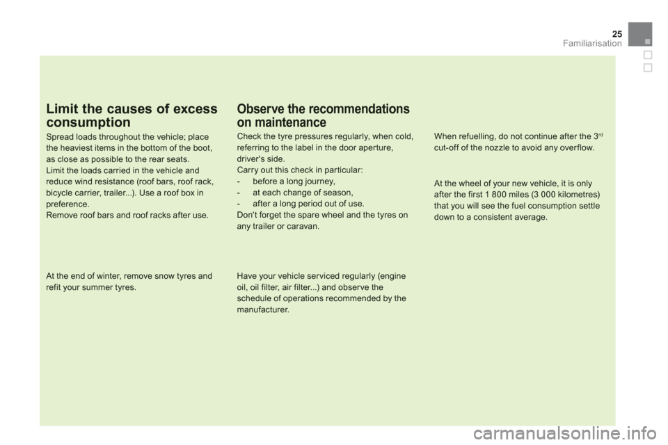 Citroen DS5 RHD 2011.5 1.G Owners Manual 25
Familiarisation
Limit the causes of excess
consumption 
Spread loads throughout the vehicle; place the heaviest items in the bottom of the boot,as close as possible to the rear seats.Limit the load