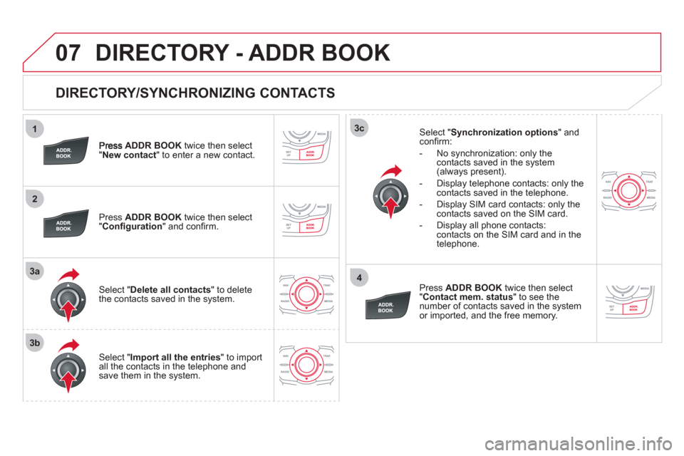 Citroen DS5 RHD 2011.5 1.G Repair Manual 1
2
3a
3b
3c
4
07
DIRECTORY/SYNCHRONIZING CONTACTS
ADDR BOOKtwice then select "New contact" to enter a new contact.
Pr
ess ADDR BOOKtwice then select
"Confi guration" and confi rm.
Selec Citroen DS5 RHD 2011.5 1.G Repair Manual 1
2
3a
3b
3c
4
07
DIRECTORY/SYNCHRONIZING CONTACTS
ADDR BOOKtwice then select "New contact" to enter a new contact.
Pr
ess ADDR BOOKtwice then select
"Confi guration" and confi rm.
Selec