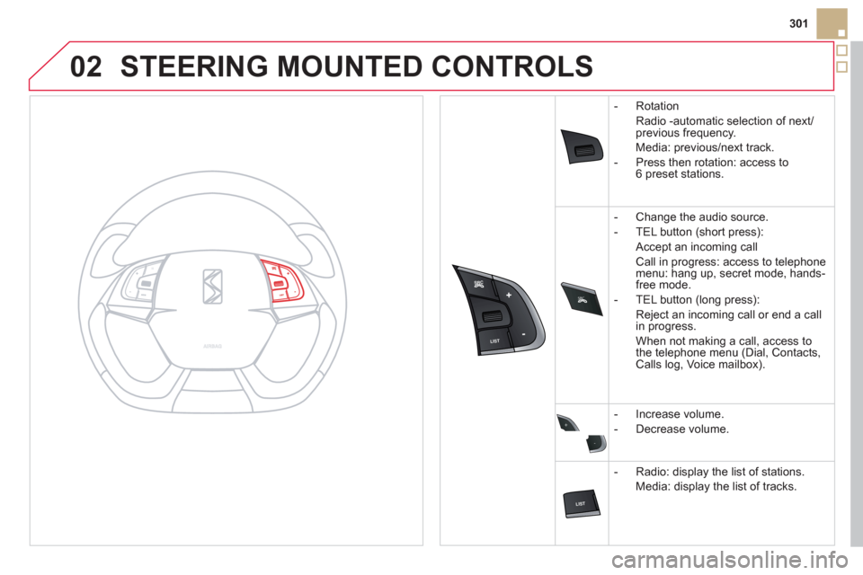 Citroen DS5 RHD 2011.5 1.G Owners Manual 02
SRC
+
-
301
STEERING MOUNTED CONTROLS
- Rotation
R
adio -automatic selection of next/previous frequency.
Media:
previous/next track.
- Pr
ess then rot Citroen DS5 RHD 2011.5 1.G Owners Manual 02
SRC
+
-
301
STEERING MOUNTED CONTROLS
- Rotation
R
adio -automatic selection of next/previous frequency.
Media:
previous/next track.
- Pr
ess then rot