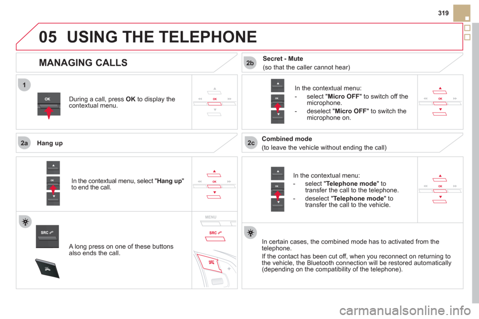 Citroen DS5 RHD 2011.5 1.G Owners Manual  
1
2a2c
2b
05
SRC
319
USING THE TELEPHONE
During a call, press  OK 
 to display the contextual menu.
   
Han
g up
   
In the contextual menu:
   
-  
select "Telephone mode" to 
transfer the call to 