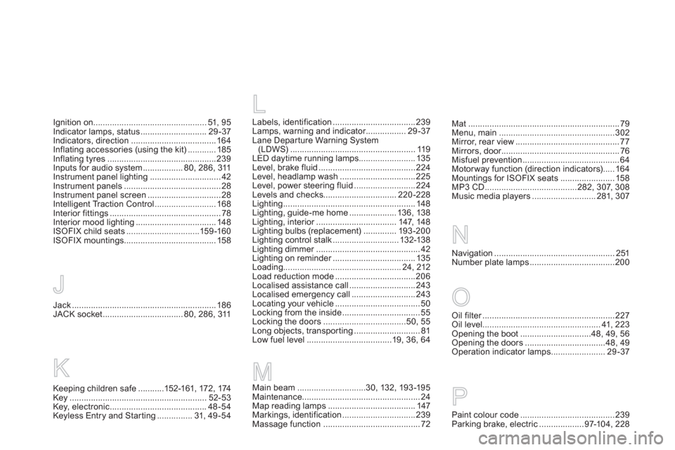 Citroen DS5 RHD 2011.5 1.G Owners Manual Jack.............................................................186JACK socket..................................80, 286, 311
J
M
Main beam.............................30, 132, 193-195Maintenance.....