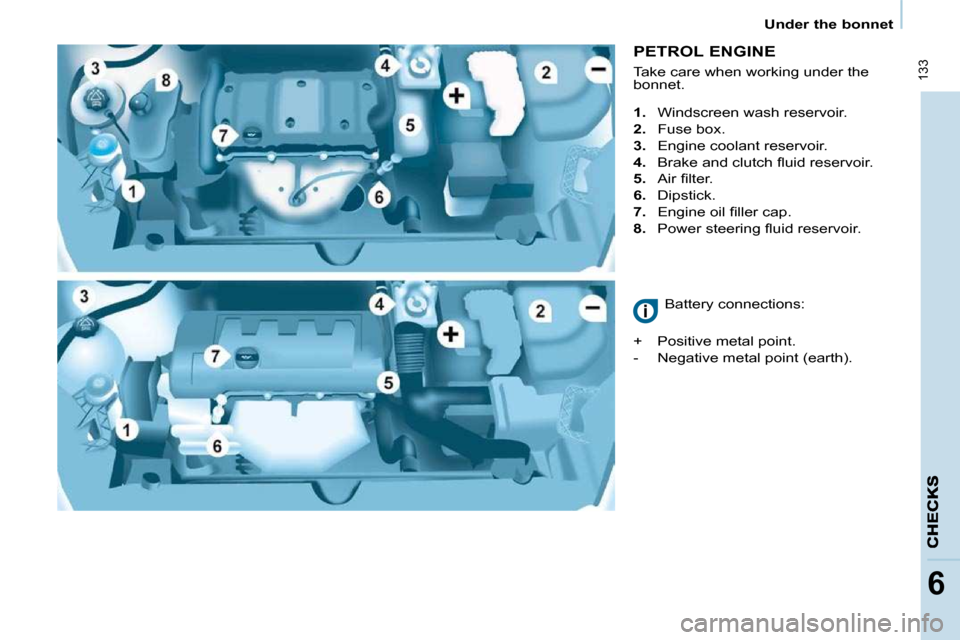Citroen BERLINGO DAG 2011 2.G Owners Guide  133
6
   Under the bonnet   
  PETROL ENGINE  
    
1.    Windscreen wash reservoir. 
  
2.    Fuse box. 
  
3.    Engine coolant reservoir. 
  
4. � �  �B�r�a�k�e� �a�n�d� �c�l�u�t�c�h� �ﬂ� �u�i�d