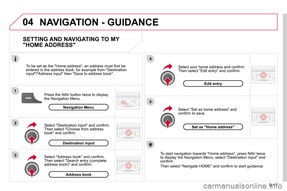 Citroen BERLINGO DAG 2011 2.G Owners Manual 9.11
04
1
2
3
5
4
 NAVIGATION - GUIDANCE 
  SETTING AND NAVIGATING TO MY  
"HOME ADDRESS" 
� � �P�r�e�s�s� �t�h�e� �N�A�V� �b�u�t�t�o�n� �t�w�i�c�e� �t�o� �d�i�s�p�l�a�y� �t�h�e� �N�a�v�i�g�a�t�i�o�n�