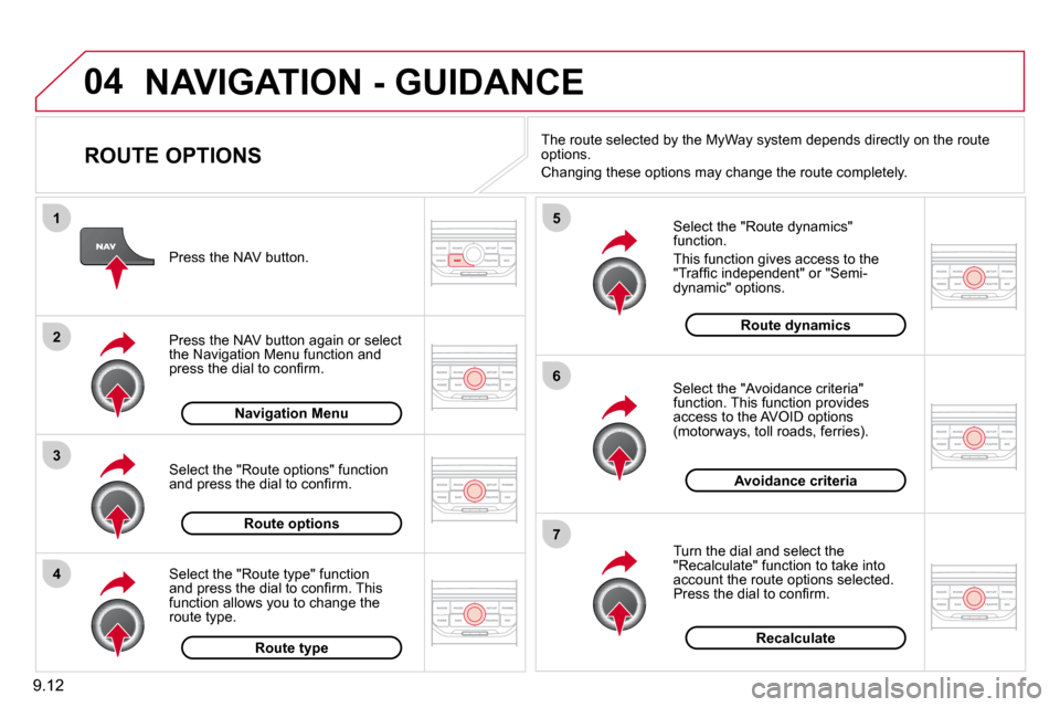 Citroen BERLINGO DAG 2011 2.G Owners Manual 9.12
04
4
3
2
1
7
6
5
 NAVIGATION - GUIDANCE 
  ROUTE OPTIONS 
  Select the "Route dynamics" function. 
� �T�h�i�s� �f�u�n�c�t�i�o�n� �g�i�v�e�s� �a�c�c�e�s�s� �t�o� �t�h�e� �"�T�r�a�f�ﬁ� �c� �i�n�d